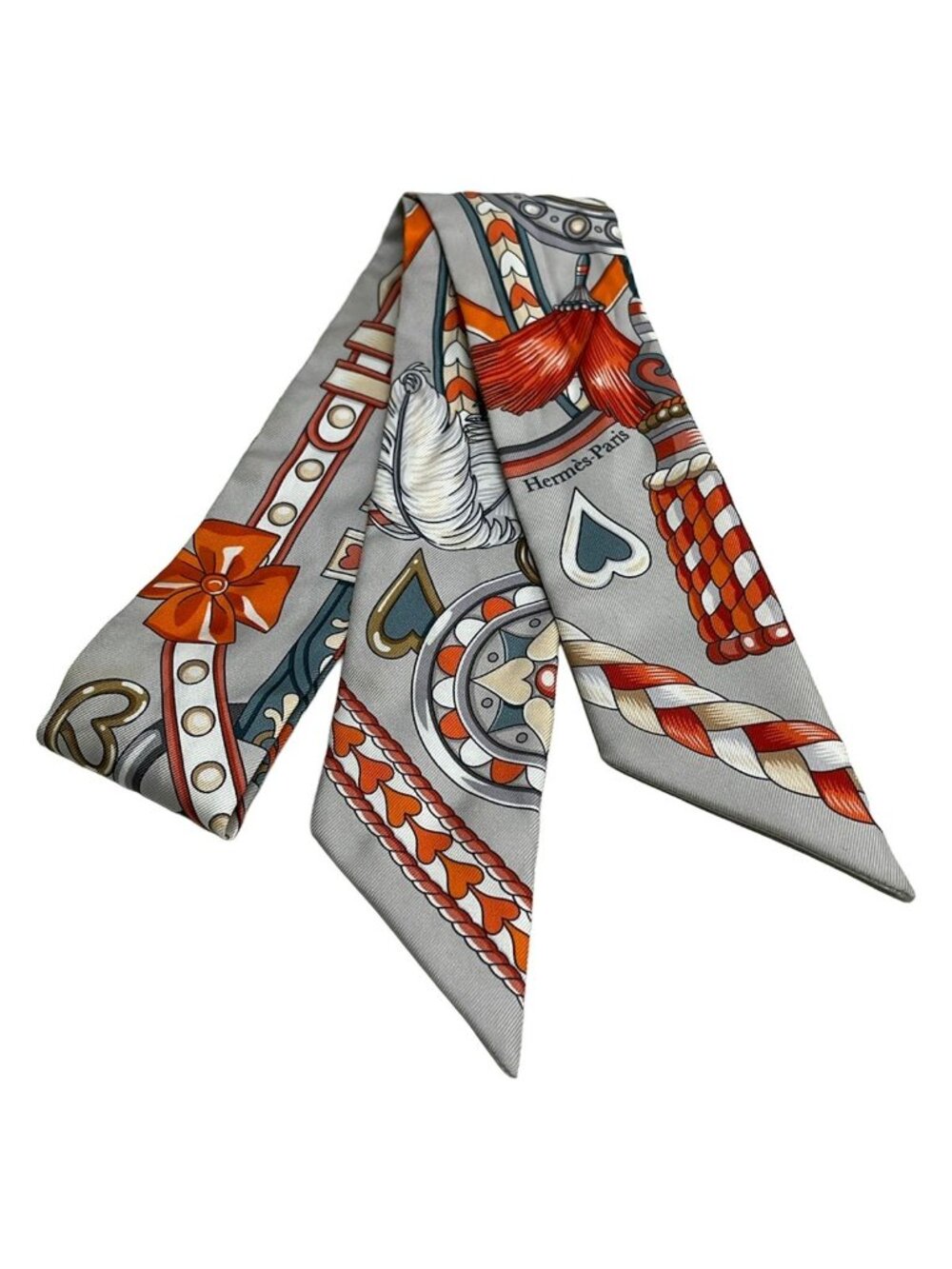 Hermes Scarf Twilly Gray Perlee Orange Blue Ribbon Harnais de Coeur